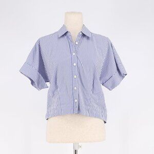THEORY Cropped Cotton Button Down Blue & White Stripe Size XS